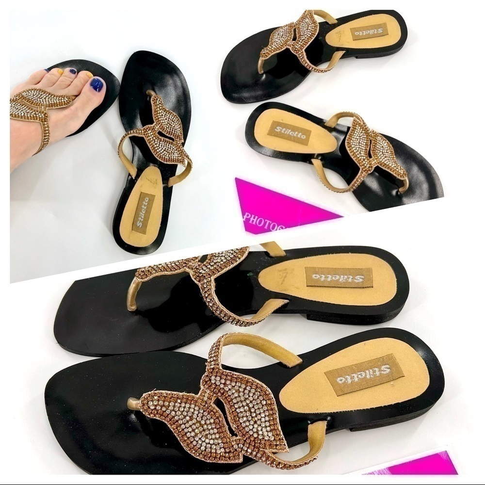 Stiletto Bohemian Flat Slides Open Toe Glitter size 6